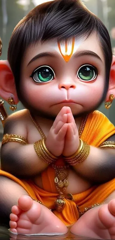 Adorable baby Hanuman in orange robes, praying.