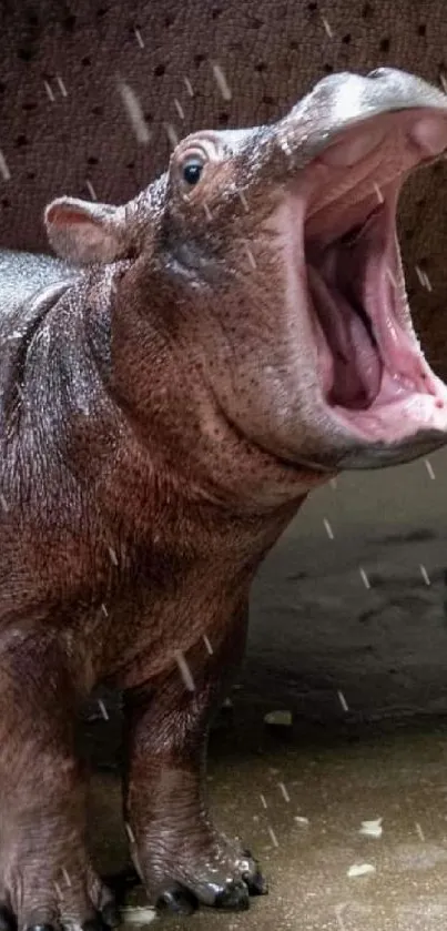 Cute baby hippo with open mouth on wet ground.