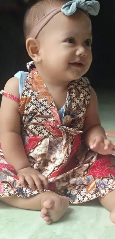 Adorable baby in batik dress sitting on the floor.