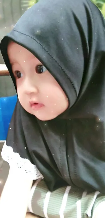 Adorable baby with black scarf gazes softly.