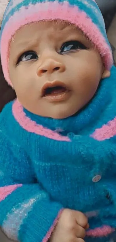 Cute baby in blue sweater with pink details, gazing upward.