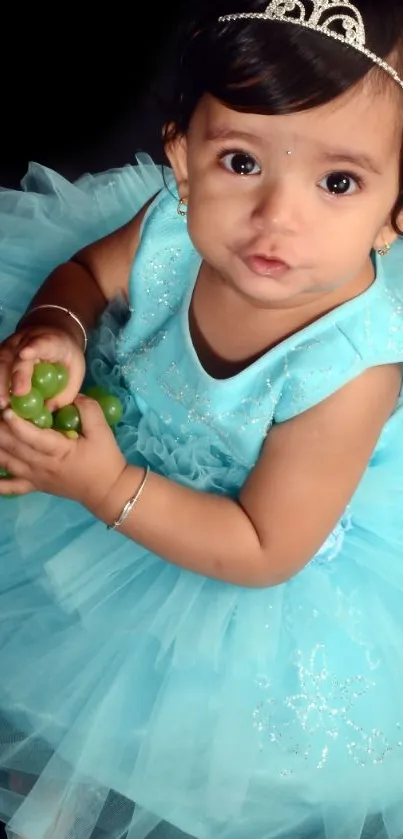 Baby in a blue dress holding grapes, smiling at the camera.