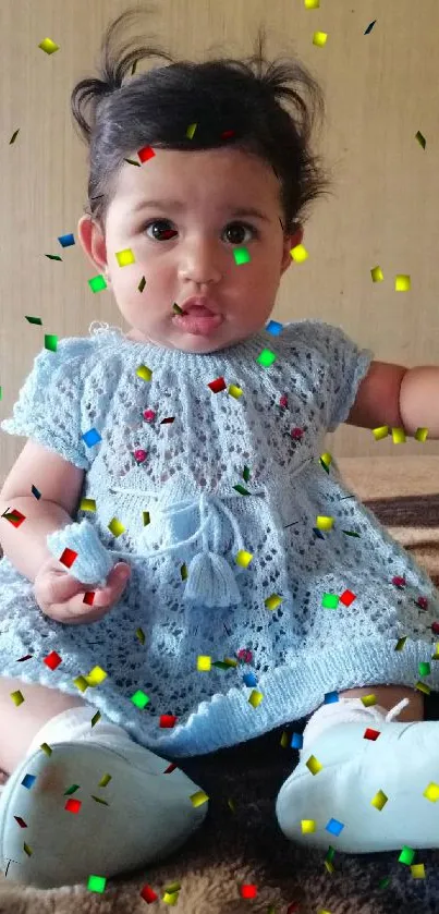 Adorable baby in a blue dress sitting comfortably on a soft background.