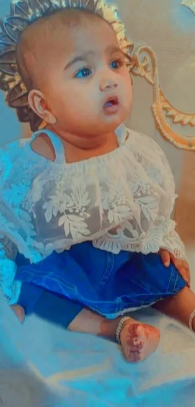 Adorable baby in blue dress with golden background.