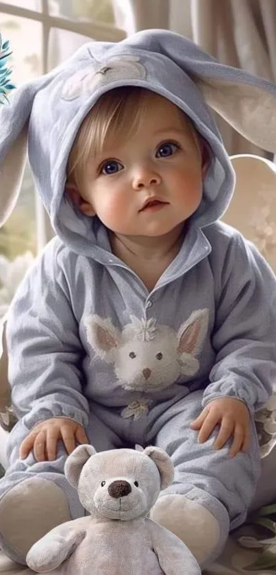 Adorable baby in a blue bunny suit with a teddy bear.