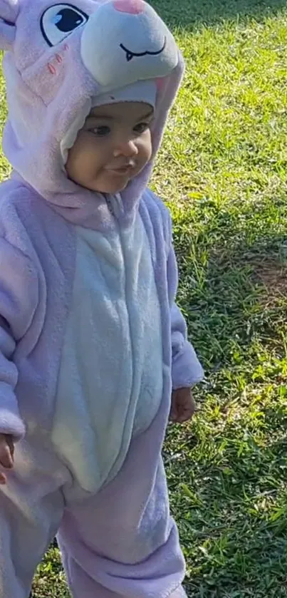 Cute baby wearing a pink bunny costume standing on grass.