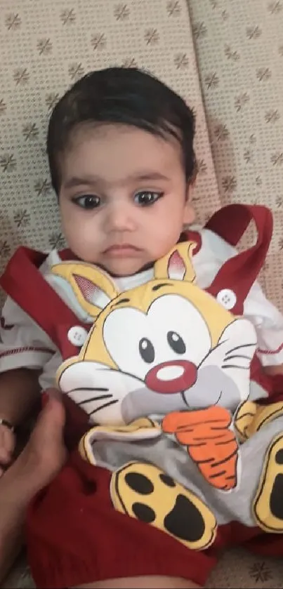 Adorable baby wearing vibrant cartoon-themed overalls on beige sofa.