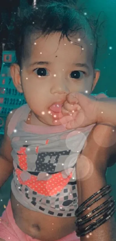 Adorable baby with a teal background, casual outfit, and bracelets.