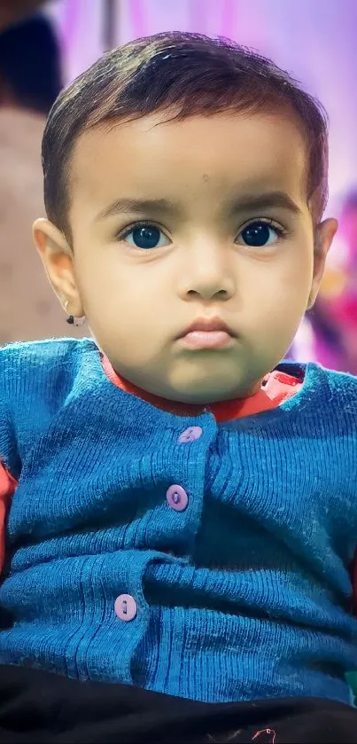 Adorable baby in colorful blue and red outfit.