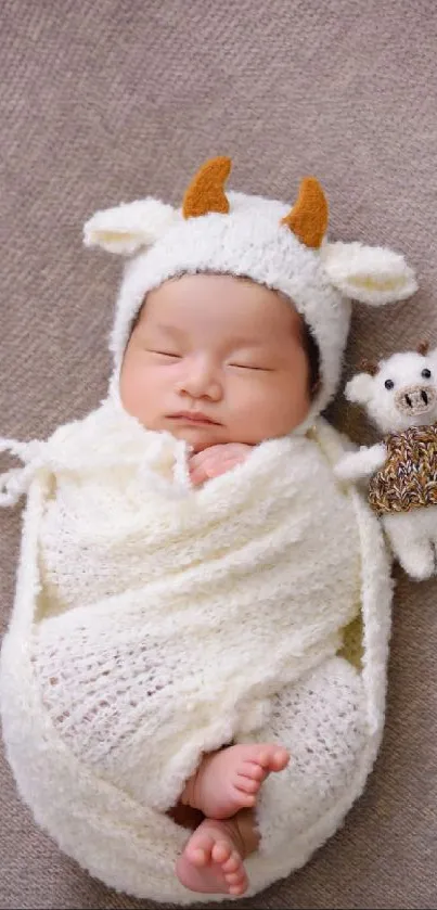 Adorable baby in cow costume with teddy bear, perfect wallpaper.