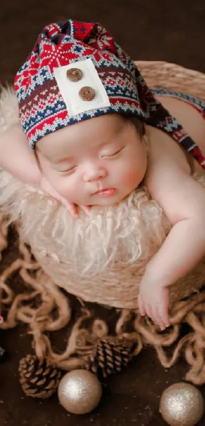 Adorable baby in basket with holiday decor.