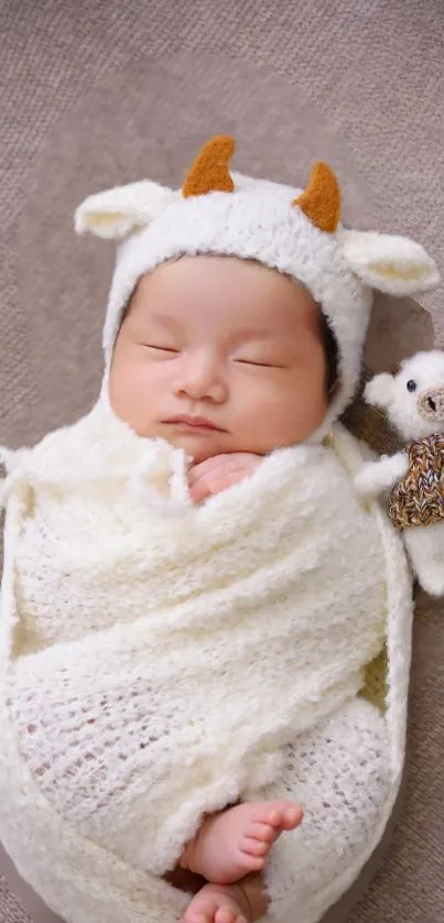 Baby sleeping in animal-themed outfit with a small teddy bear.