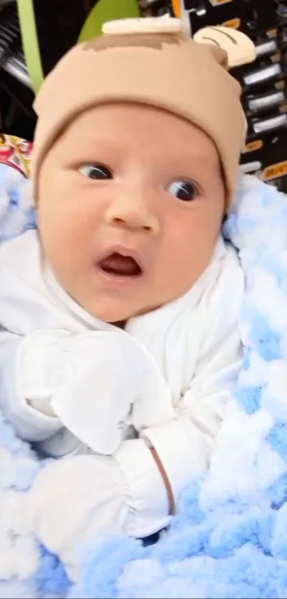 Adorable baby wrapped in a soft blue and white blanket.