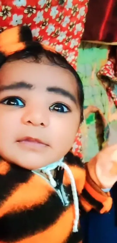 Cute baby in orange and black striped outfit, smiling at camera.