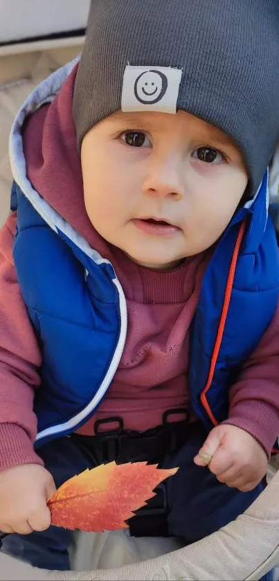 Baby in fall attire holding a leaf, seated outdoors.