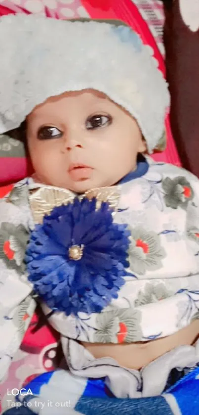 Cute baby in floral outfit with blue flower accent.