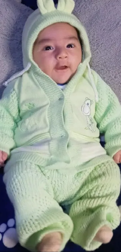 Baby in cozy mint green outfit smiling.