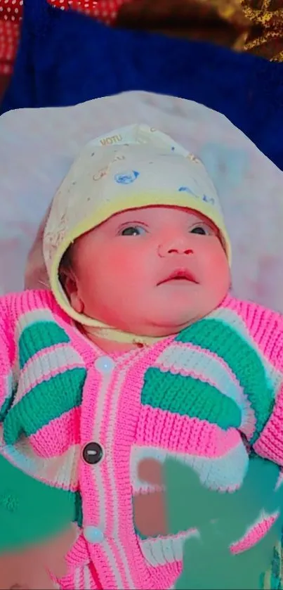 Adorable baby in colorful sweater and cap, lying on a soft blanket.