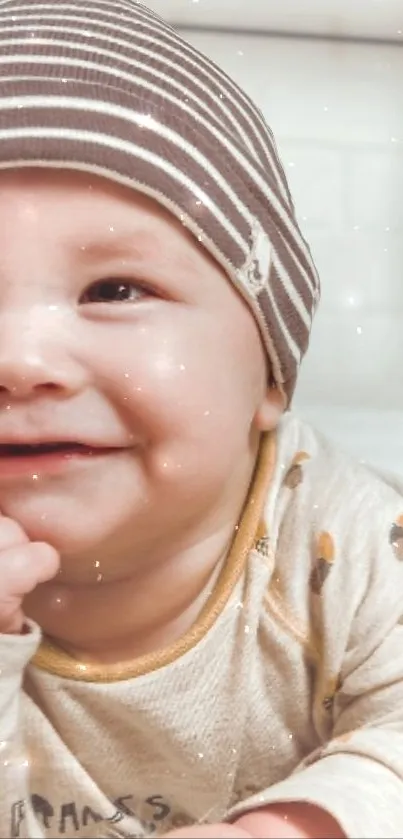 Adorable baby in a striped hat resting on a fluffy rug.