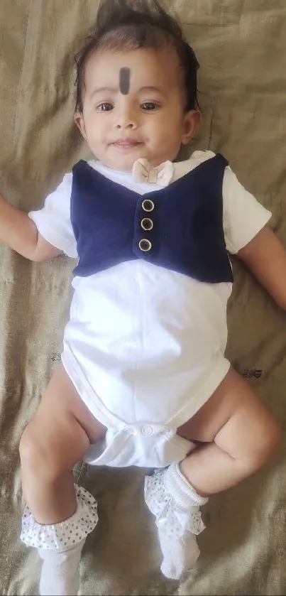 Adorable baby in a cute outfit on beige background.