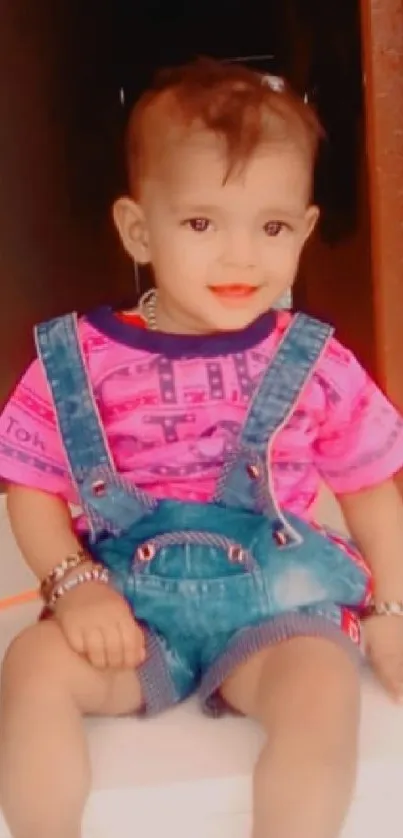 Adorable baby seated in pink shirt and denim overalls indoors.