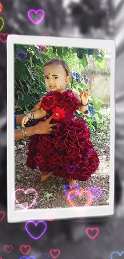 Adorable baby in floral dress with heart accents.