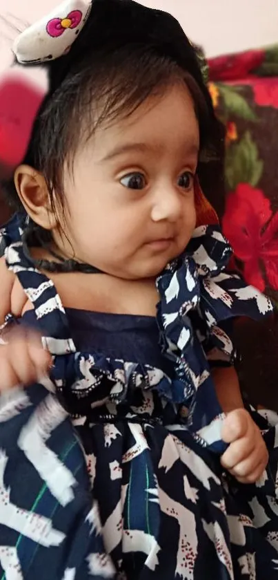 Adorable baby in a navy dress with floral background.