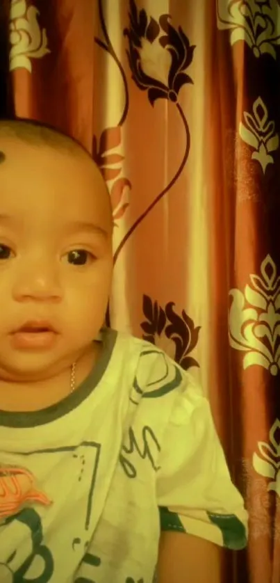 Adorable baby in front of a copper floral curtain wallpaper.