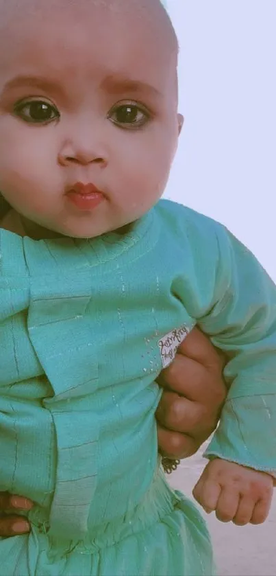 Cute baby wearing green outfit for wallpaper.