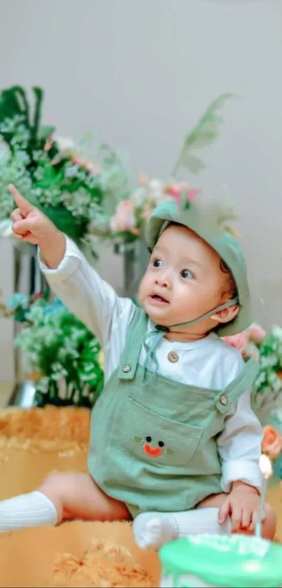 Baby in green outfit with floral backdrop, pointing.