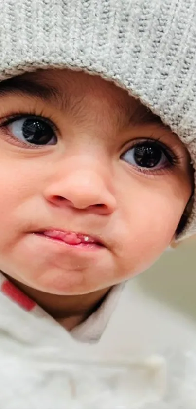 Adorable baby in grey hat with a charming expression.