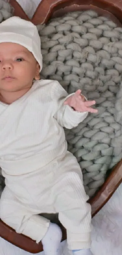 Baby in a knitted heart-shaped cradle wallpaper.