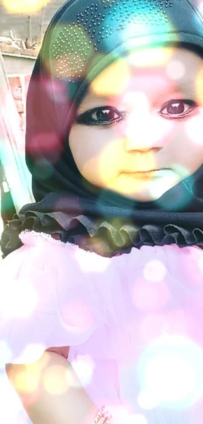 Cute baby in pink dress and black hijab wallpaper.