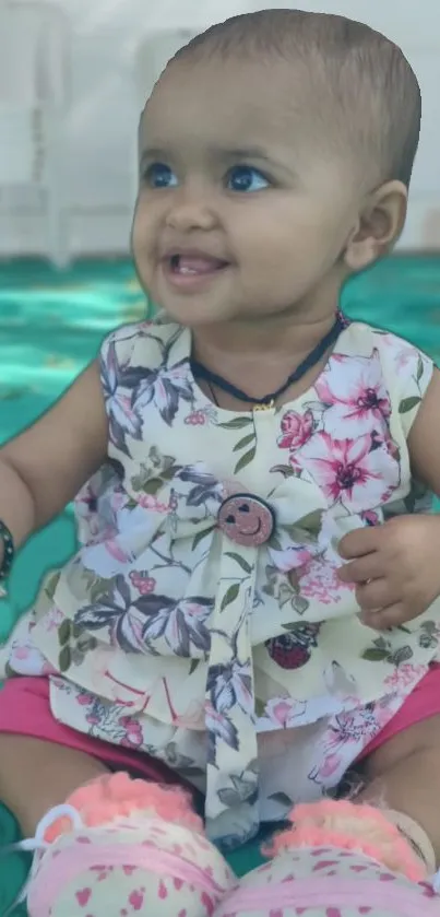 Baby in floral dress sitting on green mat, smiling joyfully.