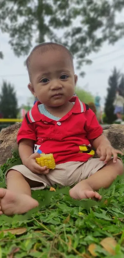 Adorable baby sitting on grass in a red shirt.