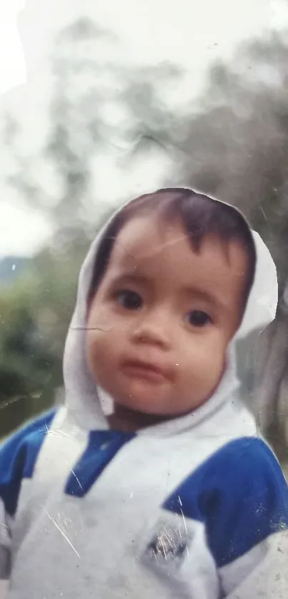 Adorable baby in blue and white outfit outdoors.