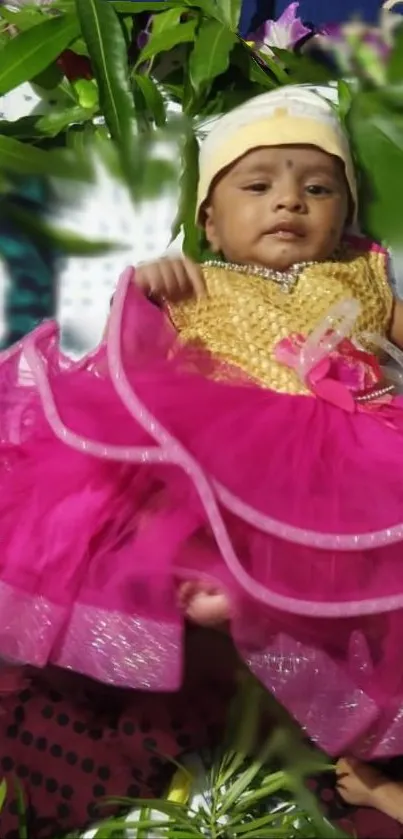 Baby in a pink dress with green leaves background.