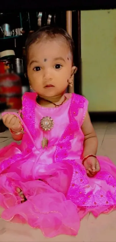 Adorable baby dressed in vibrant pink sitting indoors.