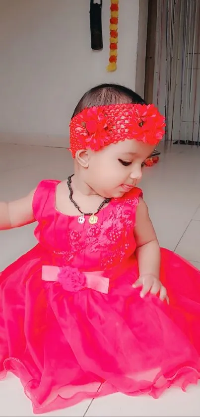 Adorable baby in a pink dress with a flower headband.