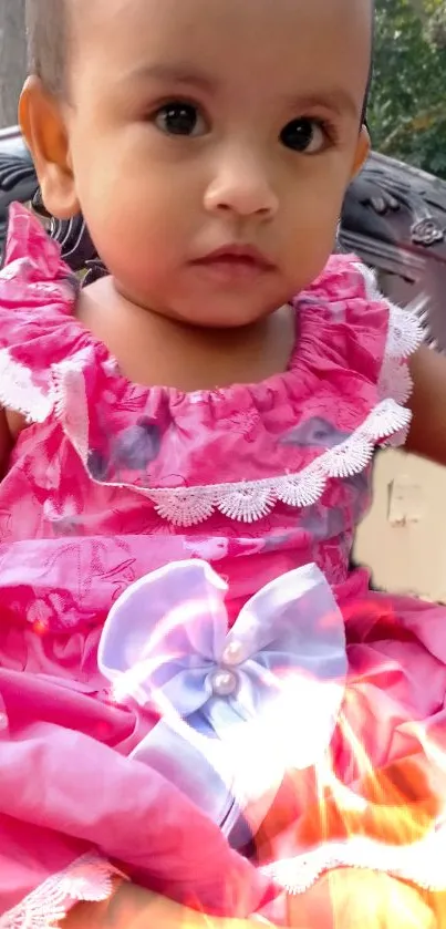 Adorable baby in a pink dress sitting on a chair.