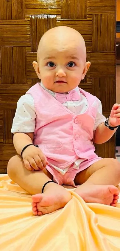 Adorable baby in pink vest sitting on a peach drape.