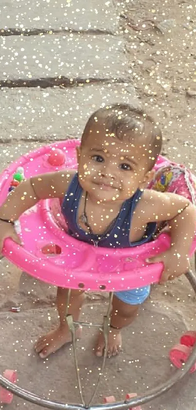 Adorable baby in a pink walker enjoying an outdoor setting.