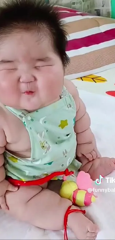 Adorable baby with chubby cheeks sitting in a playful pose on the bed.