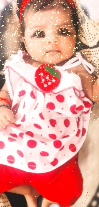 Cute baby in red and white polka dot outfit with glitter effect.