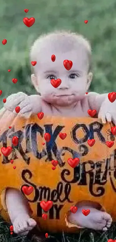 Baby sitting inside pumpkin with Halloween text.