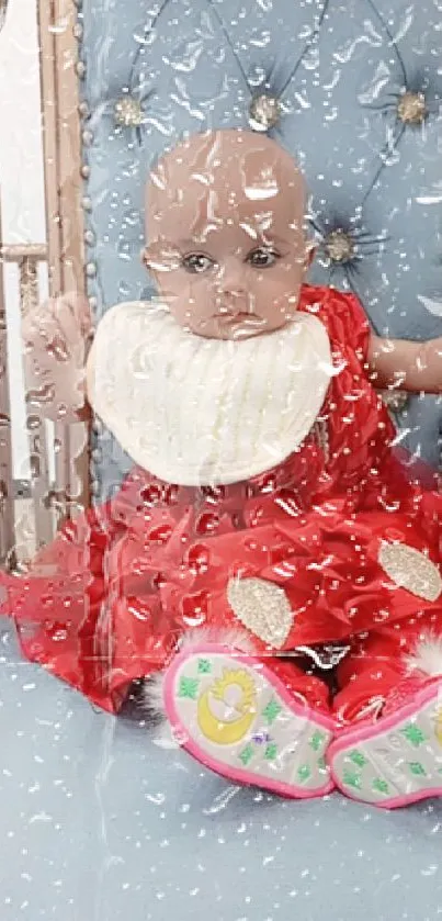 Adorable baby in red dress on blue chair.