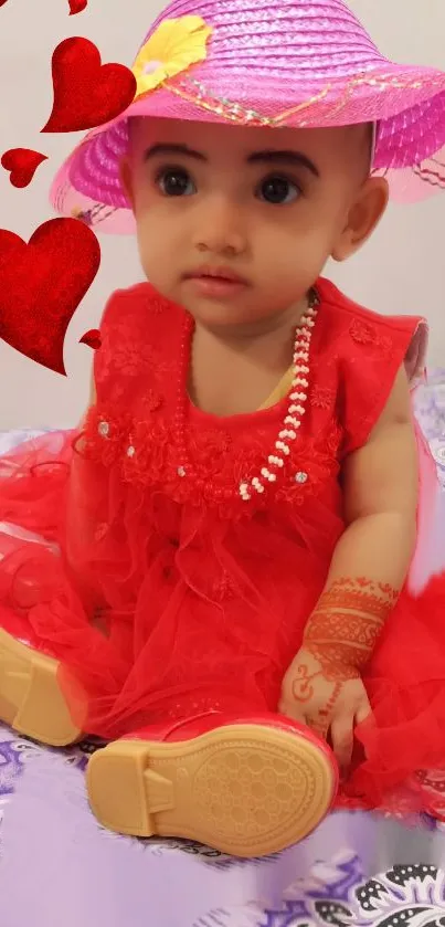 Adorable baby in red dress with pink hat and hearts around.