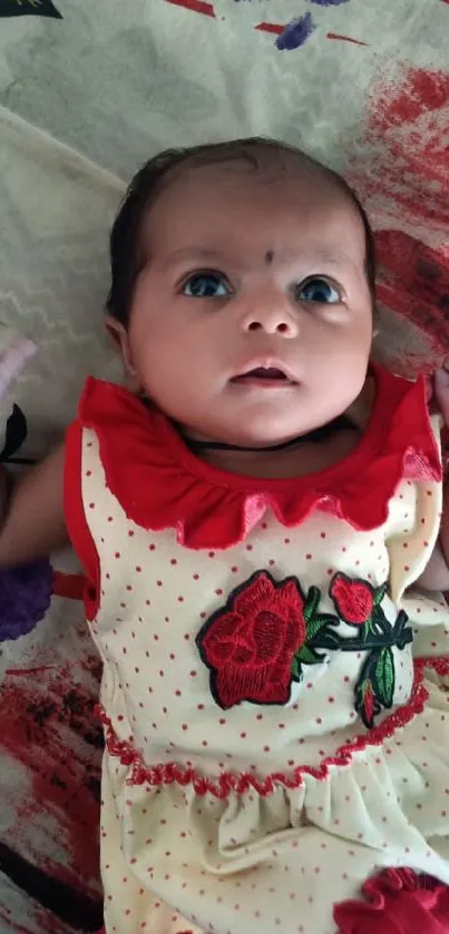 Adorable baby in red and cream dress on colorful background.