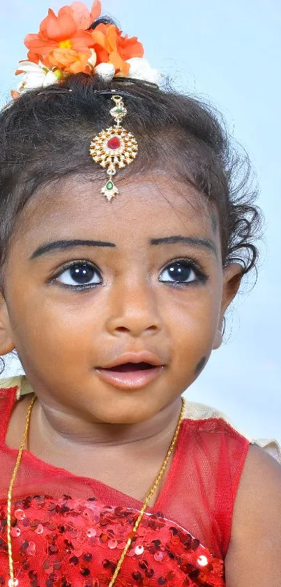 Adorable baby in red dress with floral hair accessory.