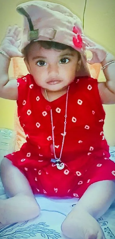 Adorable baby in a bright red dress sitting indoors.